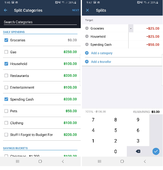 YNAB App Split Transactions